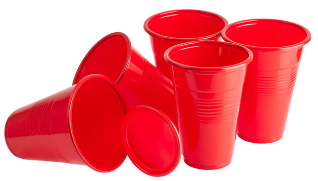 Scattered Red Party Cups in Dynamic Arrangement, Angled Perspective, Isolated on Transparent