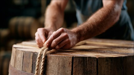 Close-up of hands tying a rope around a wooden barrel in a rustic setting
