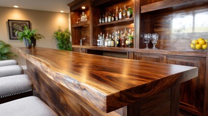 Luxurious modern home bar with wooden counter and shelves of assorted liquor bottles