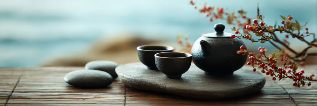 Black tea set with two cups and a teapot is on a wooden table