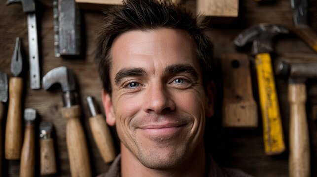 Smiling man posing in workshop surrounded by various carpentry tools on a wooden workbench