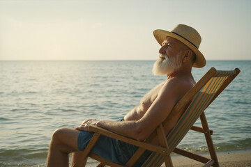 Senior man with a white beard relaxing on a beach chair at sunset. Mature person enjoying a summer vacation by the sea. Retirement lifestyle concept.