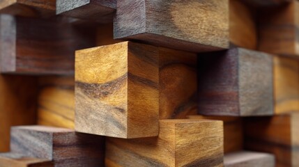Close-up view of interlocking wooden blocks creating a textured geometric pattern