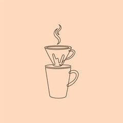Simple line drawing of a coffee pour over with steam on a peach colored background illustration
