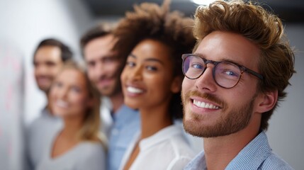 Group of diverse young professionals smiling and looking at the camera in a modern office environment
