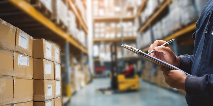 Man is writing on a clipboard in a warehouse - Powered by Adobe