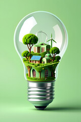 tiny eco city growing on a light bulb, sustainability concept, clean minimal vector illustration