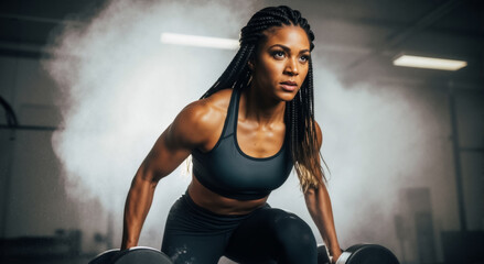 Athletic Black woman lifting heavy dumbbells during an intense workout in the gym. Muscular female bodybuilder focused on strength training. Fitness and power concept