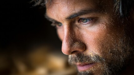 Obraz premium Close-up of a Thoughtful Man with Dust on His Face and Focused Expression