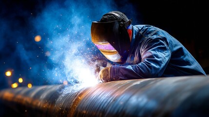 Welder in protective gear working on a metal pipe with bright sparks and blue smoke surrounding the work area
