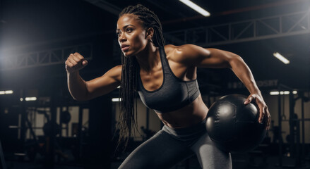 Athletic black woman doing a strength training workout with a medicine ball in the gym. Fit female athlete in a dynamic pose during an intense exercise session