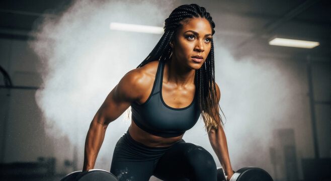 Athletic Black woman lifting heavy dumbbells during an intense workout in the gym. Muscular female bodybuilder focused on strength training. Fitness and power concept