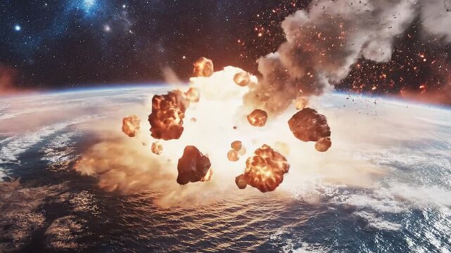 Um meteoro, asteroide, viajando pelo cosmos, vindo em dire&ccedil;&atilde;o e se chocando com  o planeta terra. 