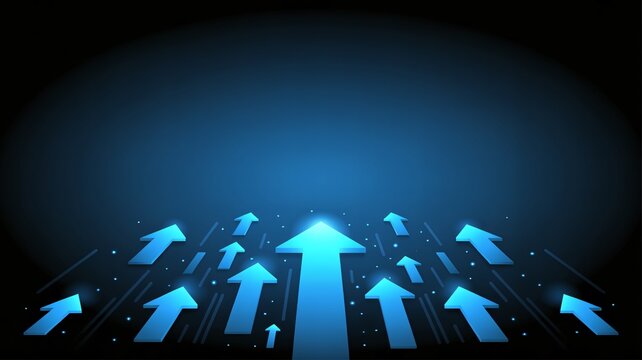 Dynamic blue arrows surge upwards creating a powerful visual of progress, growth, and future success in a modern, digital space