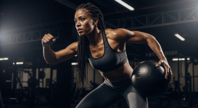 Athletic black woman doing a strength training workout with a medicine ball in the gym. Fit female athlete in a dynamic pose during an intense exercise session