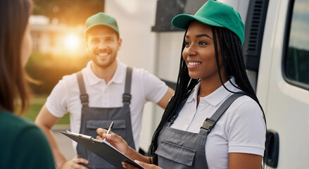 Friendly delivery woman with a clipboard talking to a customer. Professional moving team providing relocation services. Logistics and customer satisfaction concept