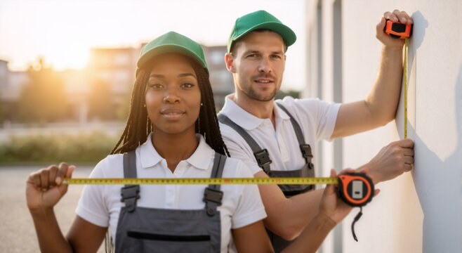 Diverse construction workers measuring a wall. Man and woman in uniform with tape measures working together. Teamwork and home improvement concept - Powered by Adobe