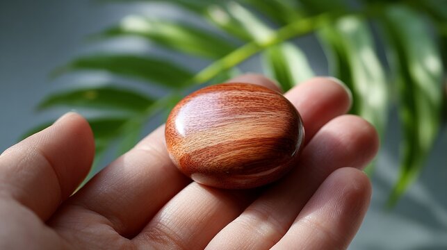Hand holding a smooth polished wooden pebble against a blurred background of green leaves