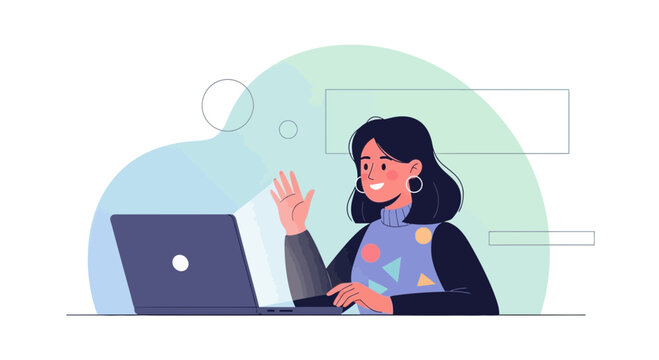 Woman Waving Goodbyes On A Laptop Display During A Video Conference Online Session
