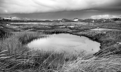 Norderney landscape panorama in the east of the island with a circular pond in the middle of the sand dunes. National park and World Heritage Site in Germany on a stormy autumn day with rain clouds.