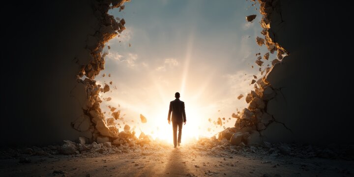 Man is walking through a large hole in the ground