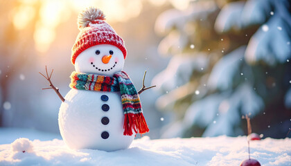 Obraz premium Cheerful snowman wearing colorful scarf and hat, standing outdoors during gentle snowfall