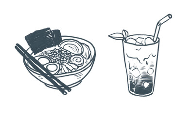 Japanese food clipart – Ramen, Matcha latte, Cute hand-drawn crayon illustration, for menu design, transparent PNG
