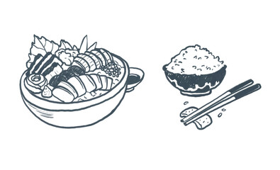 Japanese food clipart – Sashimi, Rice, Chopsticks, Cute hand-drawn crayon illustration, for menu design, transparent PNG
