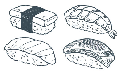Japanese food clipart – Sushi set 1, Cute hand-drawn crayon illustration, for menu design, transparent PNG