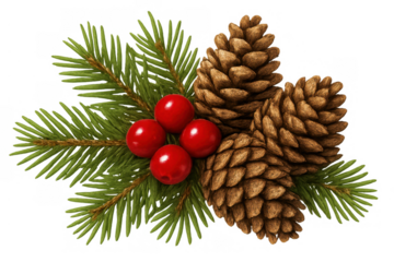 Christmas decor with pine cones, evergreen branch, and red holly berries, transparent background for winter holiday designs