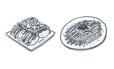 Japanese food clipart – Takoyaki, Okonomiyaki, Cute hand-drawn crayon illustration, for menu design, transparent PNG