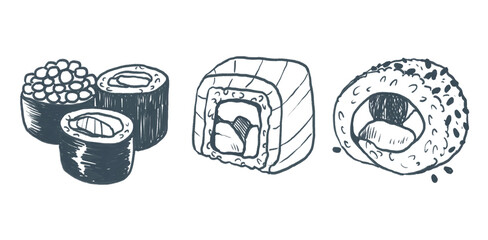 Japanese food clipart – Sushi set 2, Cute hand-drawn crayon illustration, for menu design, transparent PNG