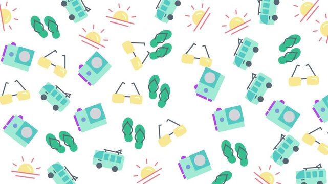 Seamless Pattern of Travel Essentials Including Cameras, Sunglasses, Maps, and Flip-Flops on White Background, Graphic Design, Top View