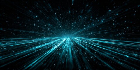 Naklejka premium Intense streams of bright cyan light shoot forward through a dark void creating a sense of rapid motion