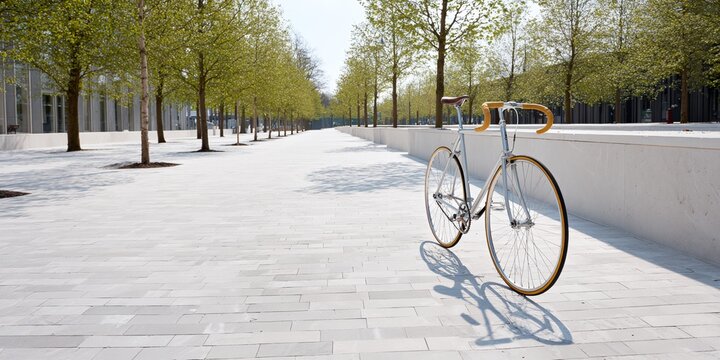 Bicycle is parked on a sidewalk in front of a building - Powered by Adobe