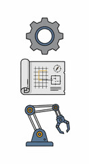 Industrial Engineering and Robotics Blueprint with Gear and Robotic Arm.