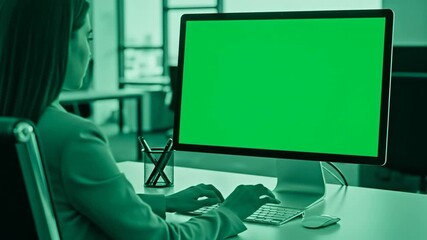 A focused businesswoman works at her desk using a modern computer with a bright green screen. The office setting is designed for productivity and creativity. - Powered by Adobe