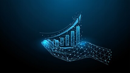 Dynamic digital hand cradles ascending bar graph and growth arrow, symbolizing financial success and innovation in technology