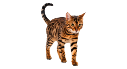 Bengal cat pet feline animal domestic breed mammal pedigree cute kitty eyes whiskers tail hunter on transparent background