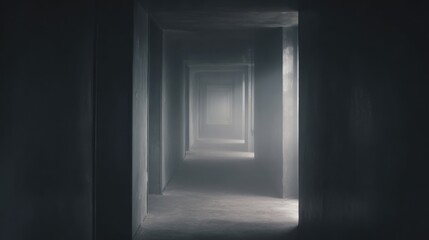 Fototapeta premium veil. A foggy grey corridor with distant doorways and soft, diffused lighting. real-estate listings, architecture portfolios, designed for real-estate listing and luxury residence showcases.