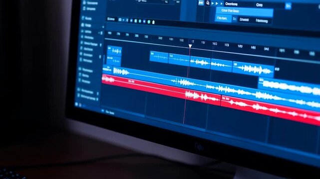 Dynamic video editing timeline displays audio waveforms and clips, capturing the creative process of content creation.