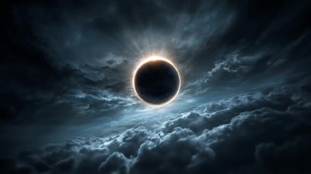 Dramatic total solar eclipse with brilliant corona through dark, stormy clouds. Cosmic event, astronomy, mystical night sky phenomenon.
