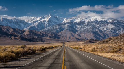 Naklejka premium Serene highway stretching towards majestic snow-capped mountains under a bright blue sky with scattered clouds in a wide open landscape