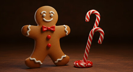 Happy gingerbread man cookie with a red bow tie and a candy cane.