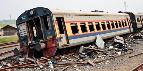 A derailed train lies on its side, amidst scattered debris,  overturned,  chaos