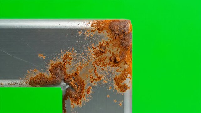 Time lapse sequence showing rapid corrosion rust growing on metal frame corner
