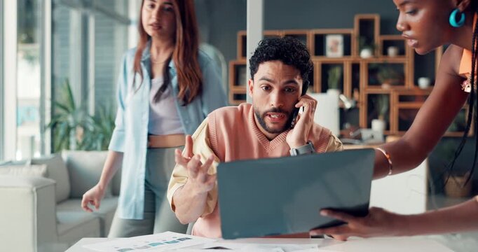 Business, speed and man with chaos, multitasking or exhausted with burnout, laptop or overwhelmed. People, time lapse or employees in office, pc or tension with pressure, stress or task management