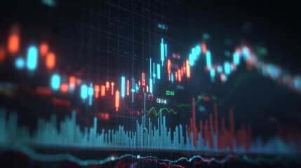 Abstract representation of financial market trends, showcasing vibrant candlestick charts, data analysis, and vivid colors in a digital display, conveying economic activity.