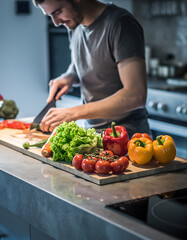 Man preparing a healthy meal by chopping fresh vegetables