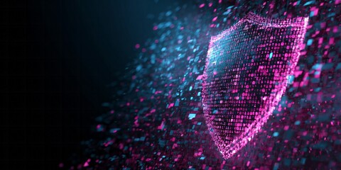 Digital shield formed from glowing binary code particles protecting against abstract threats in dark space